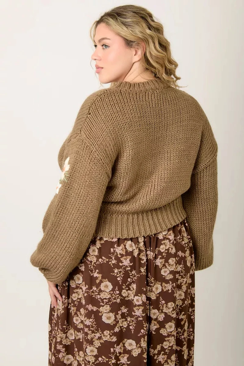 Embroidered Flower Print Knit Sweater