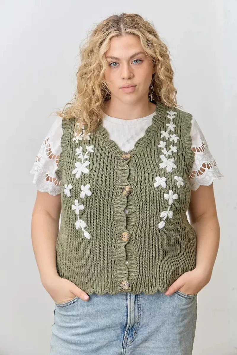 Olive Flower Knit Sweater Vest