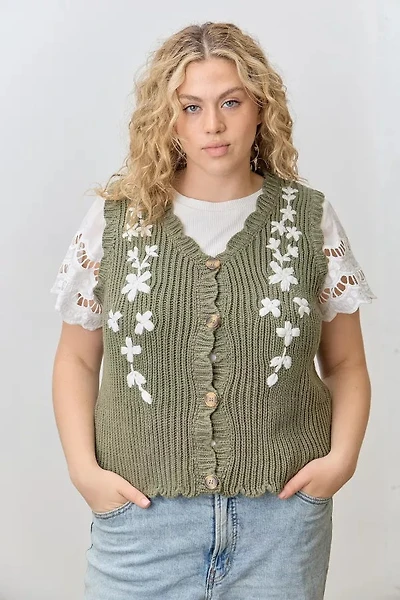 Olive Flower Knit Sweater Vest