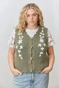 Olive Flower Knit Sweater Vest