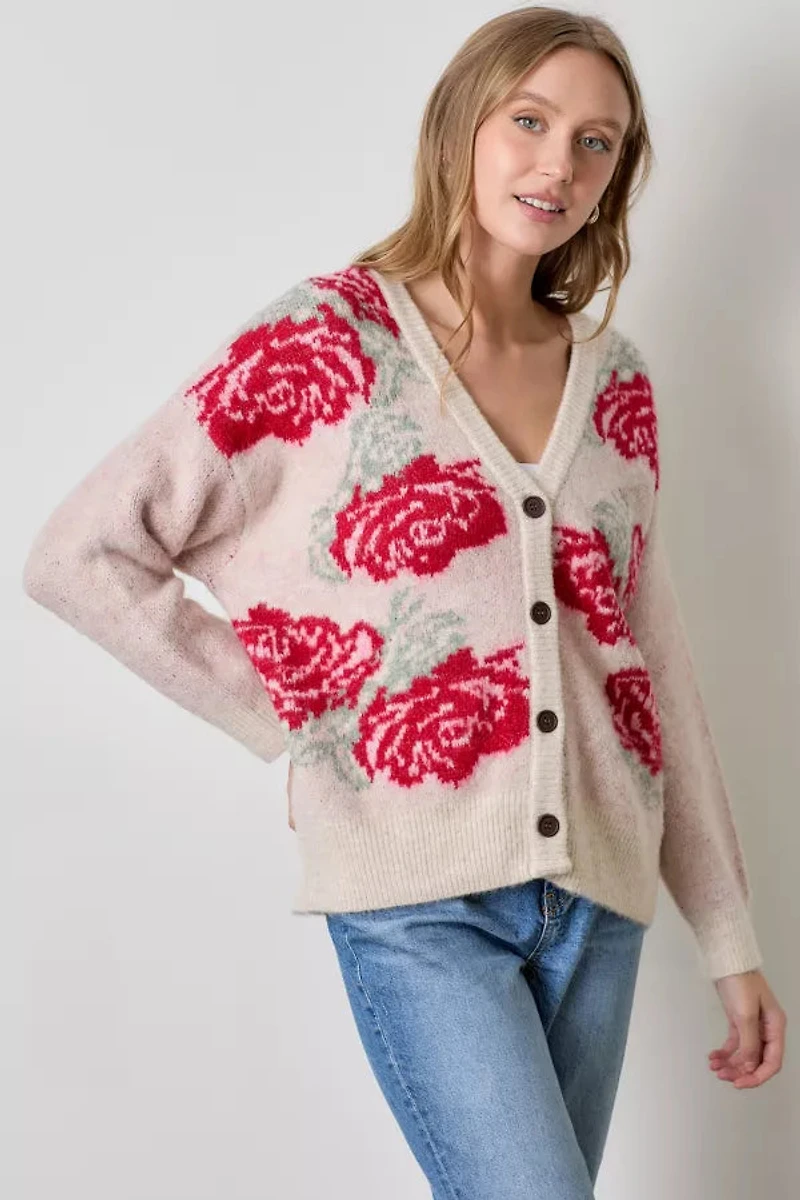 Pink Rose Print Cardigan