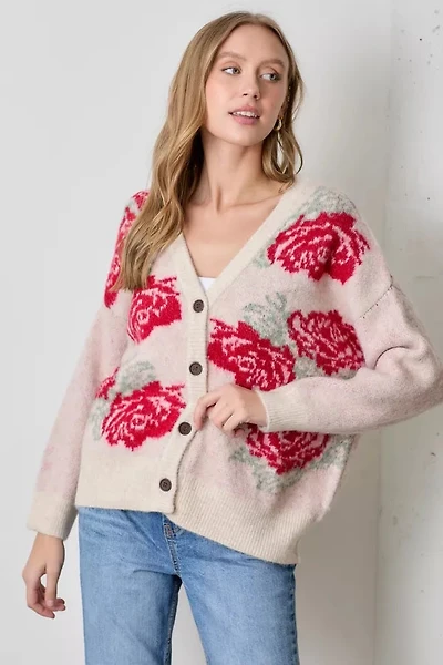 Pink Rose Print Cardigan