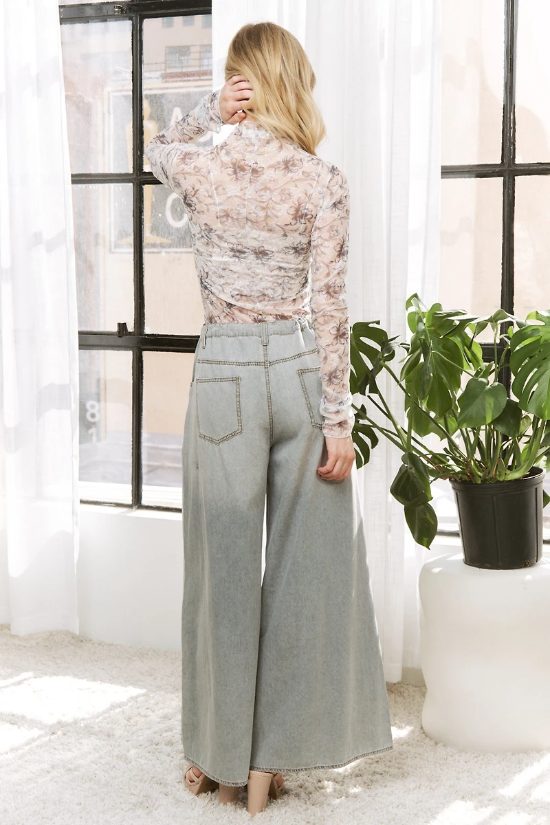 Denim Wide Leg Opening Pants With Drawstring
