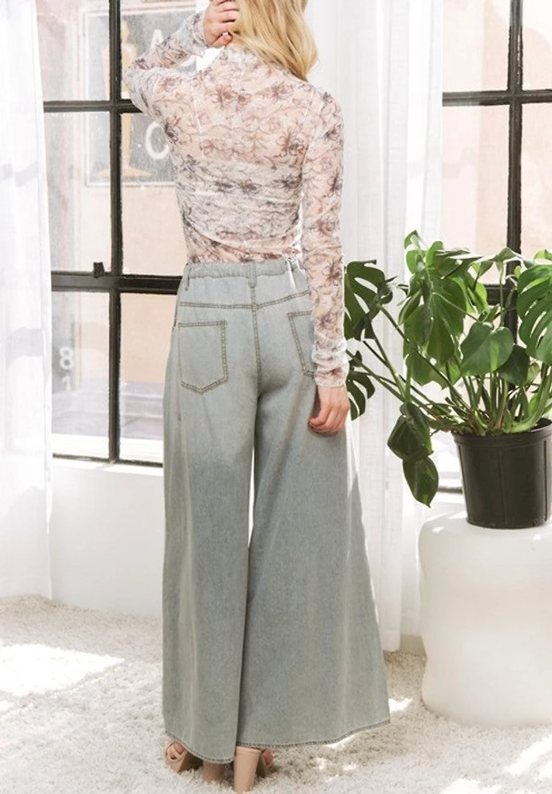 Denim Wide Leg Opening Plus Pants With Draw String