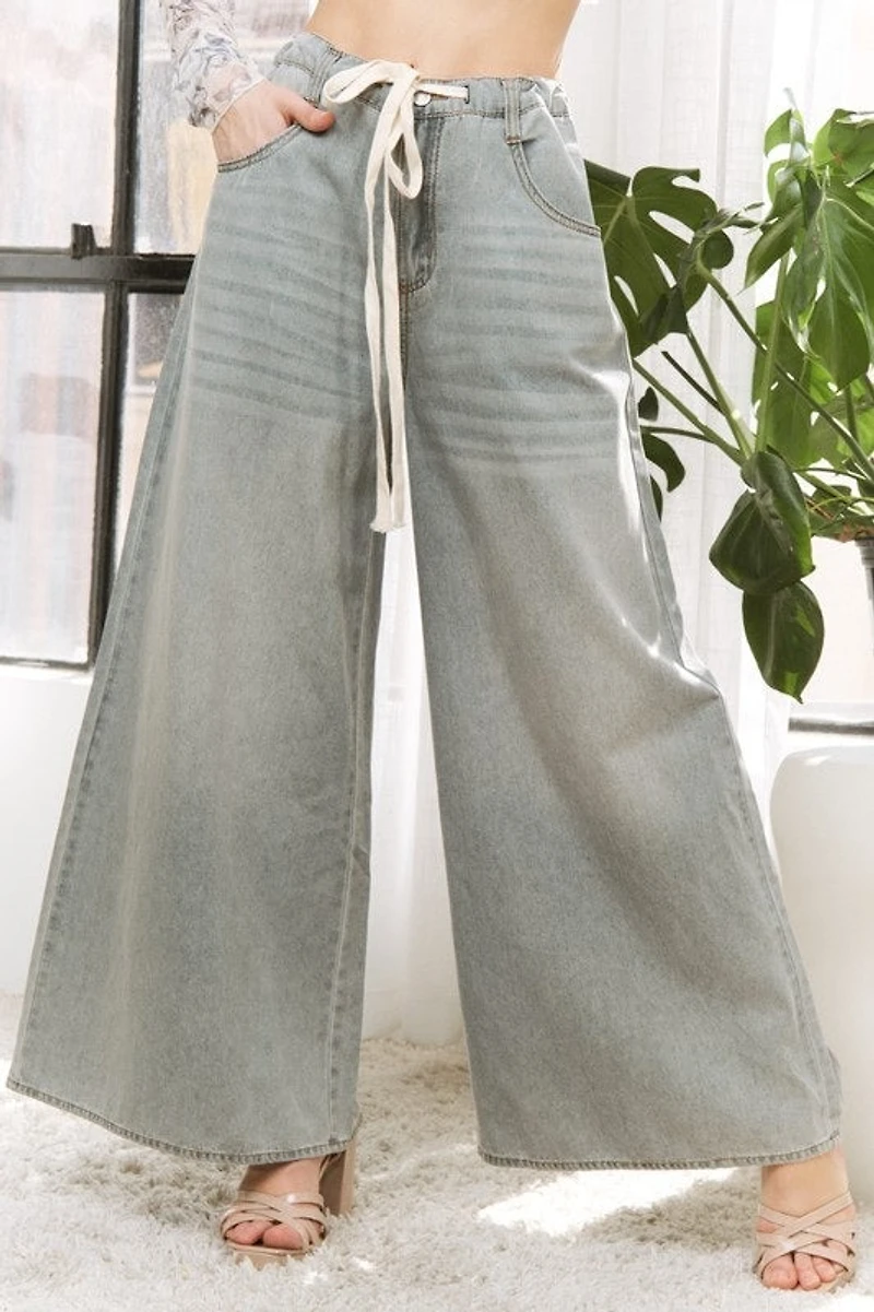 Denim Wide Leg Opening Plus Pants With Draw String