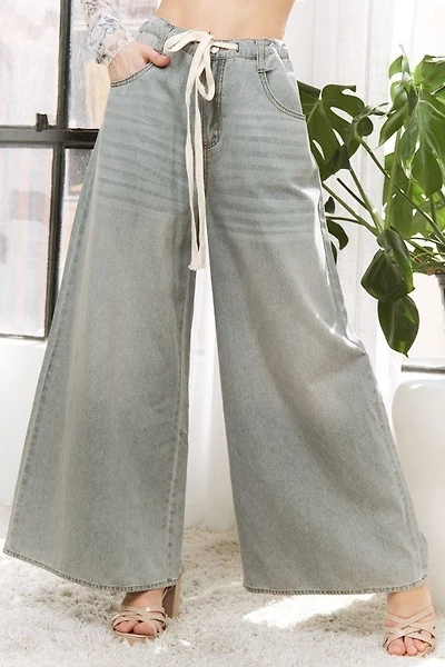 Denim Wide Leg Opening Plus Pants With Draw String