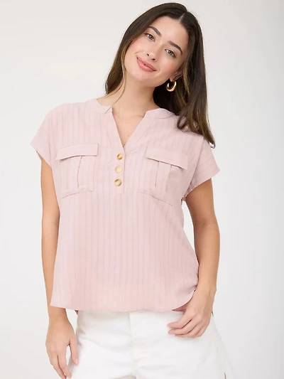 Plus Stripe Pocket Detail Half Button Down Top