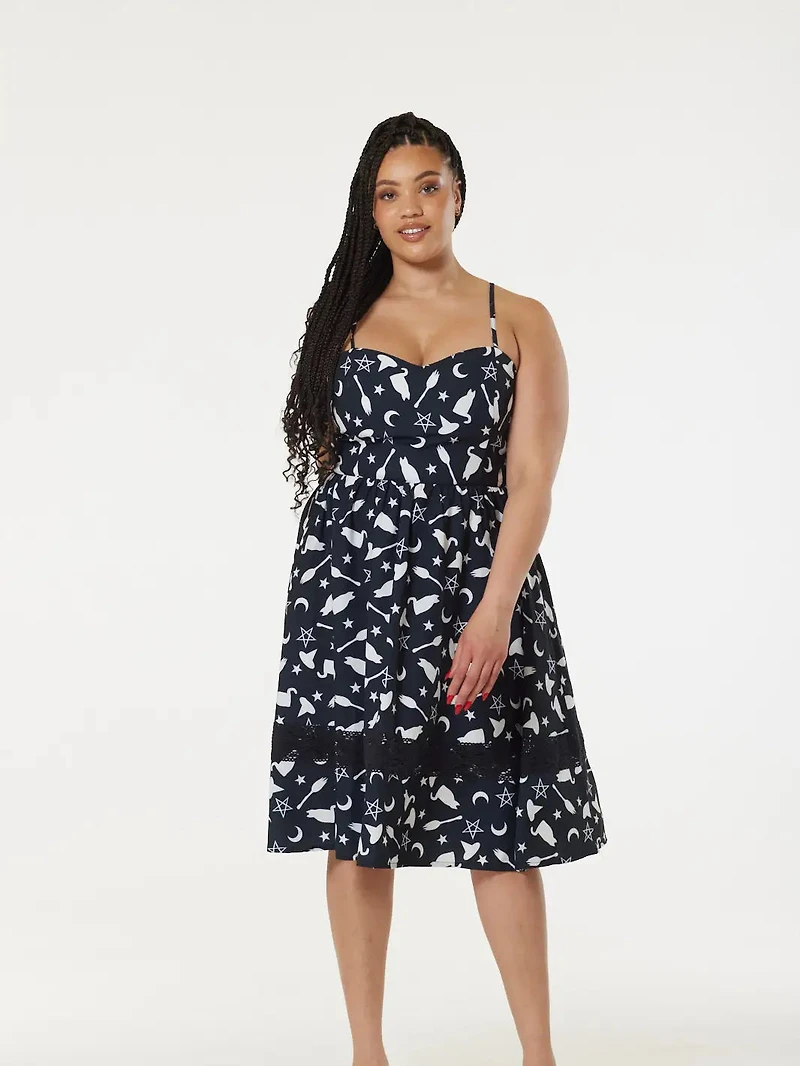 Midi Fit&Flare Witch Print Dress with Lace Hem