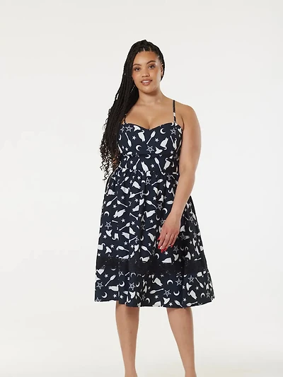 Midi Fit&Flare Witch Print Dress with Lace Hem