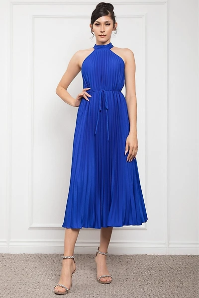 Pleated Halter Neck Midi Dress