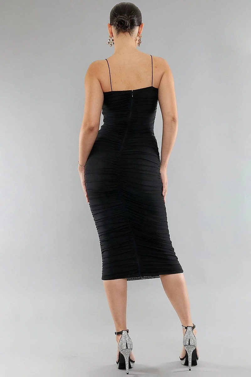 Ruched Spaghetti Strap Mesh Midi Dress