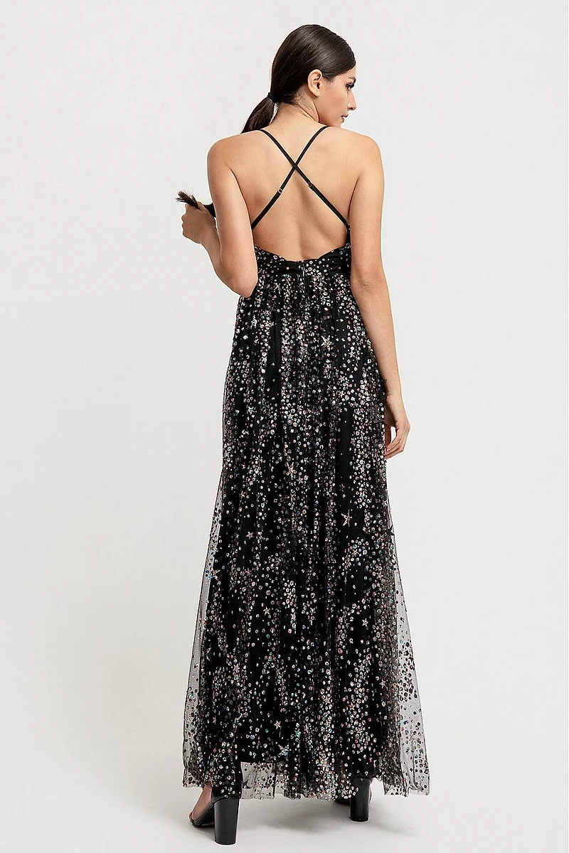 Jeweled Stone V Neck Cross Back Strap Mini Dress