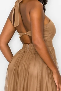 Solid Mesh Halter Maxi Dress