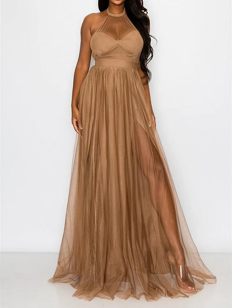 Solid Mesh Halter Maxi Dress