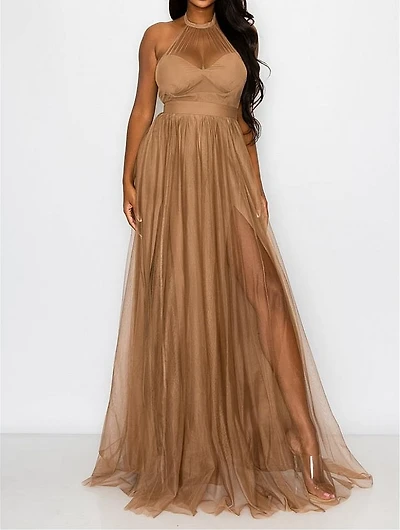 Solid Mesh Halter Maxi Dress