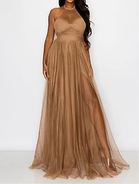 Solid Mesh Halter Maxi Dress