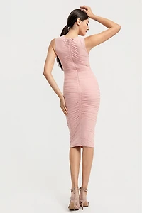 Side Ruching Mesh Midi Dress