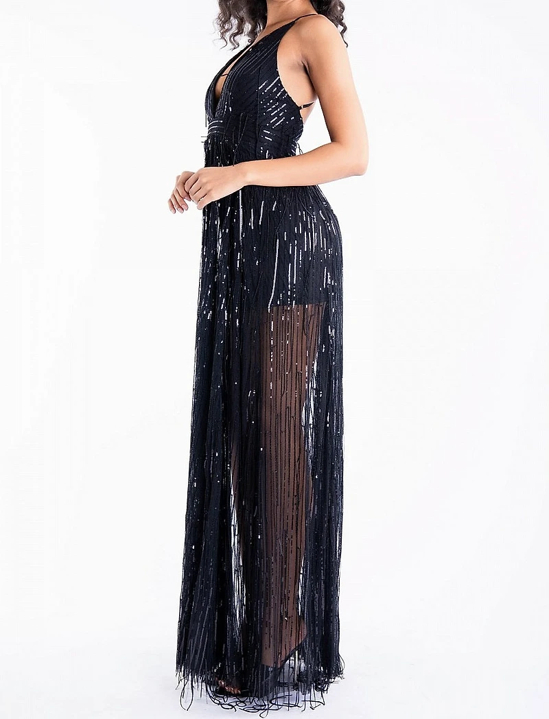 Sequin Fringe Deep V Neck Maxi Dress