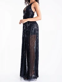 Sequin Fringe Deep V Neck Maxi Dress
