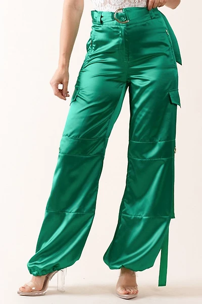 Satin Solid Long Cargo Pants W Belt