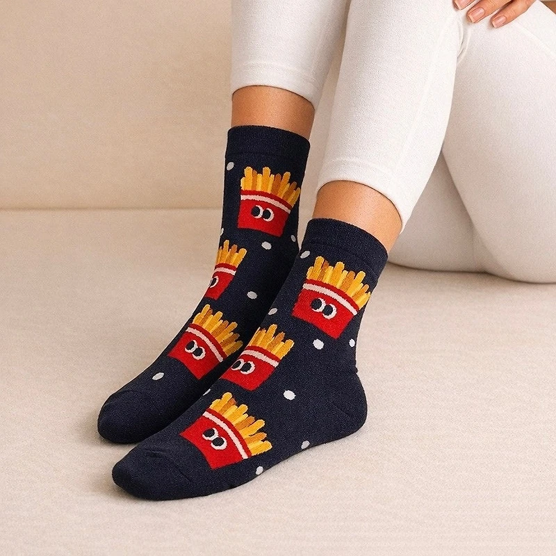Shoe Strings French Fries Pattern Crew Sock