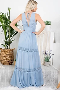 Blue Lace V-Neckline Tiered Maxi Dress