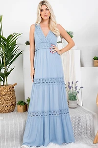 Blue Lace V-Neckline Tiered Maxi Dress