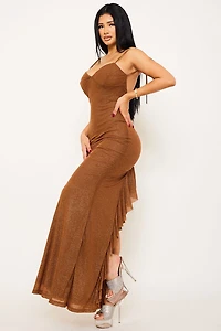 Glitter Power Mesh Ruffle Back Maxi Dress
