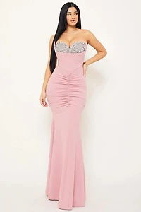 Multi Shape Rhinestone On Bust Mermaid Maxi Dress