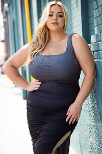 Rhinestone Ruched Slinky Plus Midi Dress