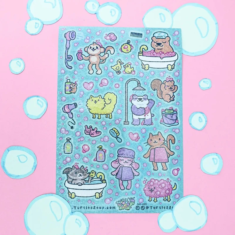 Bath Time | Kawaii | Animals | Funny | Cute | Sticker Sheet