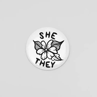 She They Floral Pronoun Button