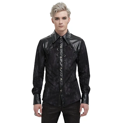 Pleather Print Button Up W Chain Shirt