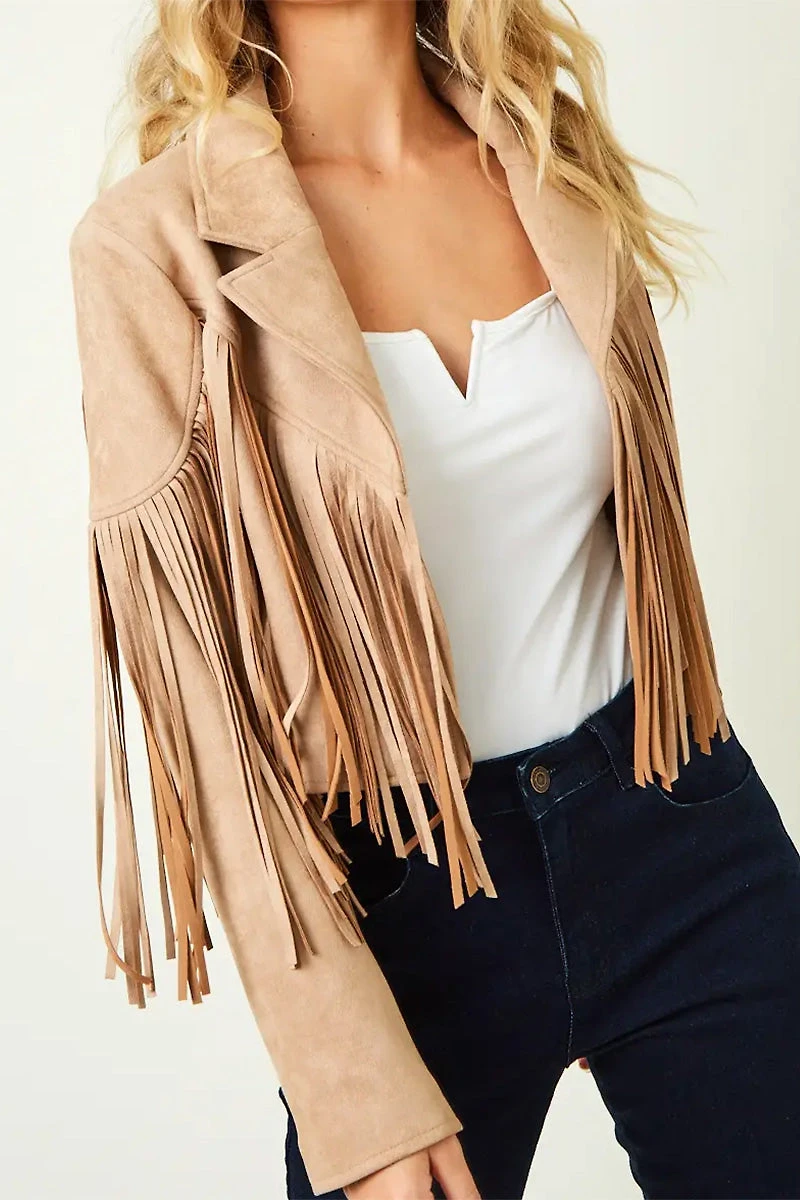 Fringe Suedette Moto Jacket Tan