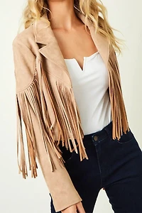 Fringe Suedette Moto Jacket Tan