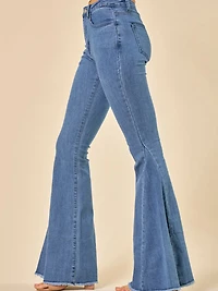 Midtone Denim Washed Flares With Fringed Bottom