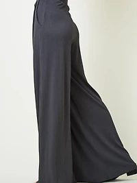 Charcoal Ribbed Knit Wide Leg Pants With Side Pockets