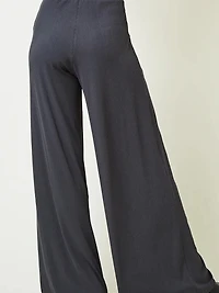 Charcoal Ribbed Knit Wide Leg Pants With Side Pockets