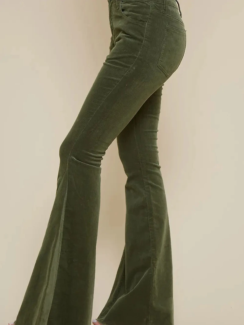 Olive Corduroy Flares With Distressed Hem