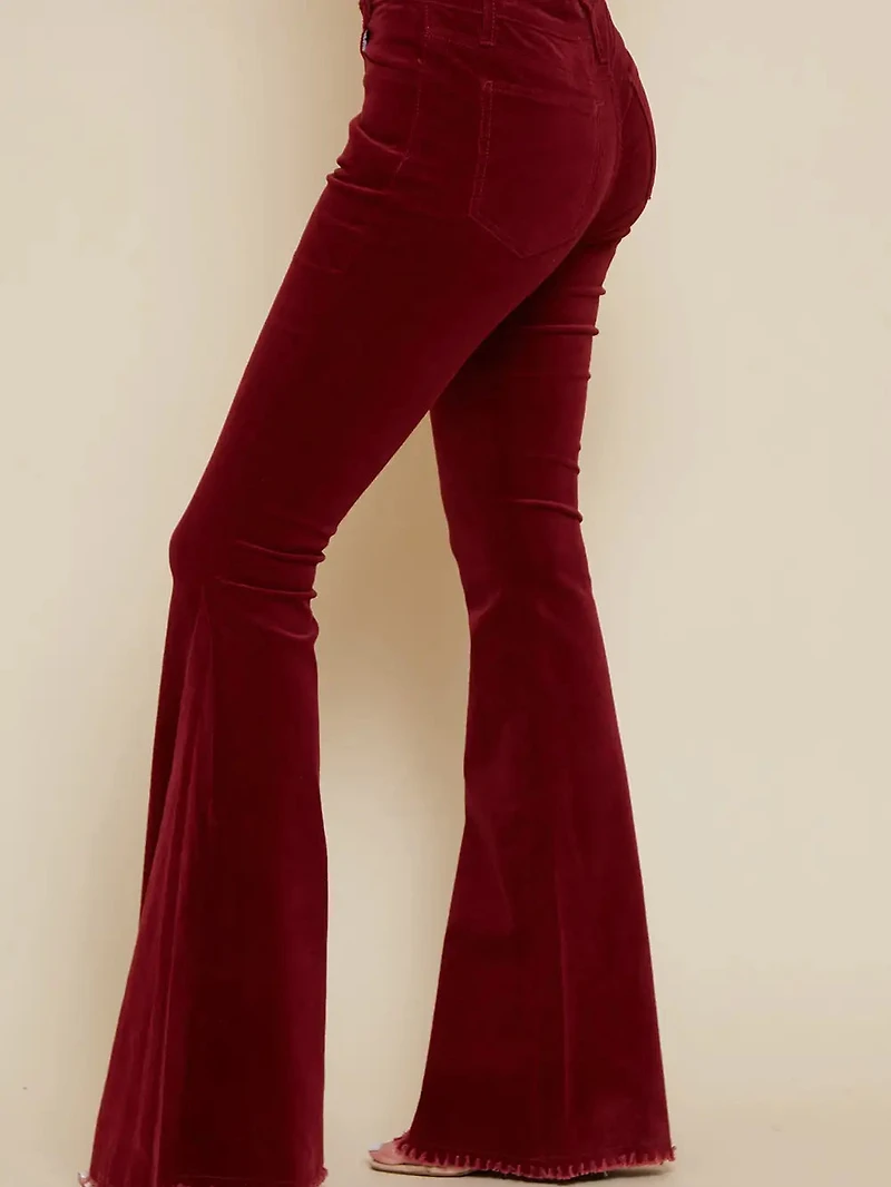 Wine Soft Corduroy Flares With Distressed Hem