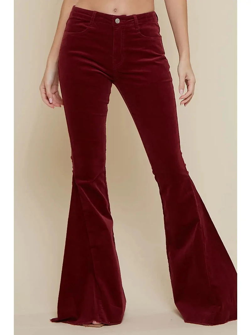 Wine Soft Corduroy Flares With Distressed Hem