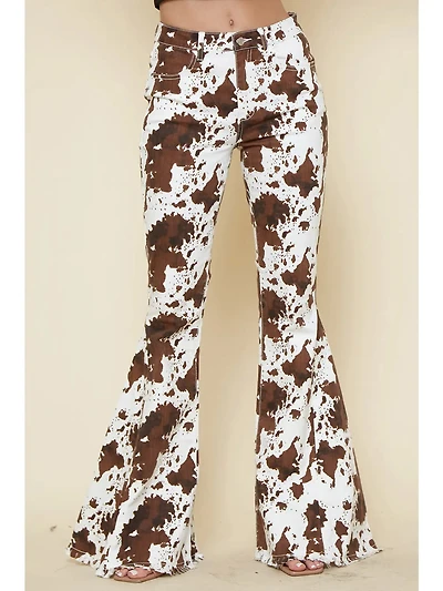 Ivory Brown Cow Print Flares