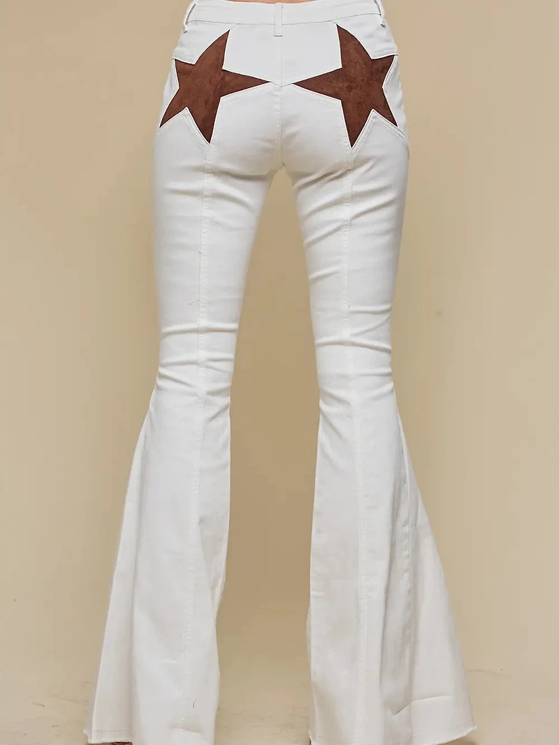 Ivory Brown Back Suede Star Bell Bottoms Denim
