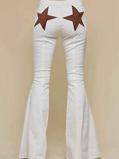Ivory Brown Back Suede Star Bell Bottoms Denim