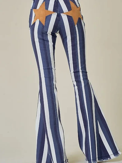 Multi Striped Flare Denim With Back Star Jeans