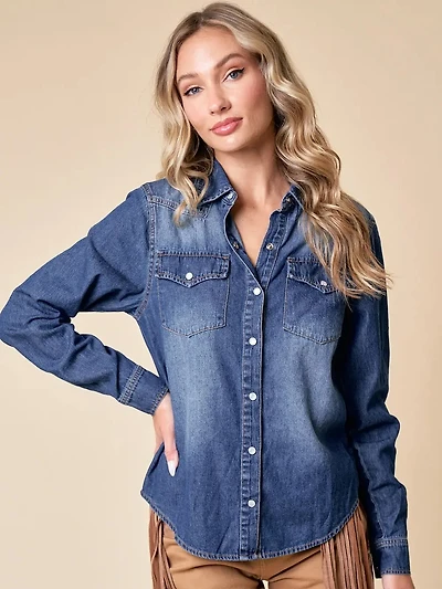 Western Dk Wash Snap Buttons Light Denim Shirt
