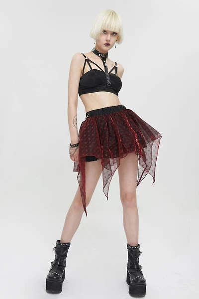 Red Mesh Ruffle Layered Mini Skirt