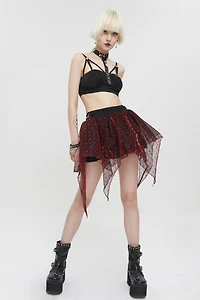 Red Mesh Ruffle Layered Mini Skirt