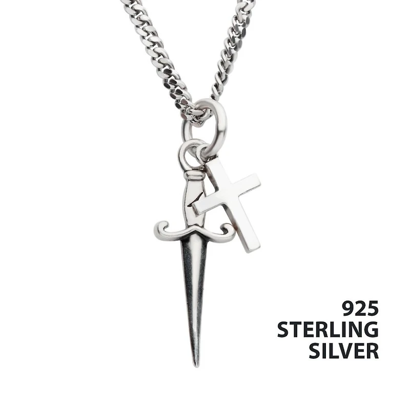 925 Silver Oxidized Dagger & Cross Duo Pendant with 20" Curb Chain