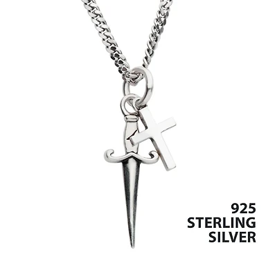 925 Silver Oxidized Dagger & Cross Duo Pendant with 20" Curb Chain